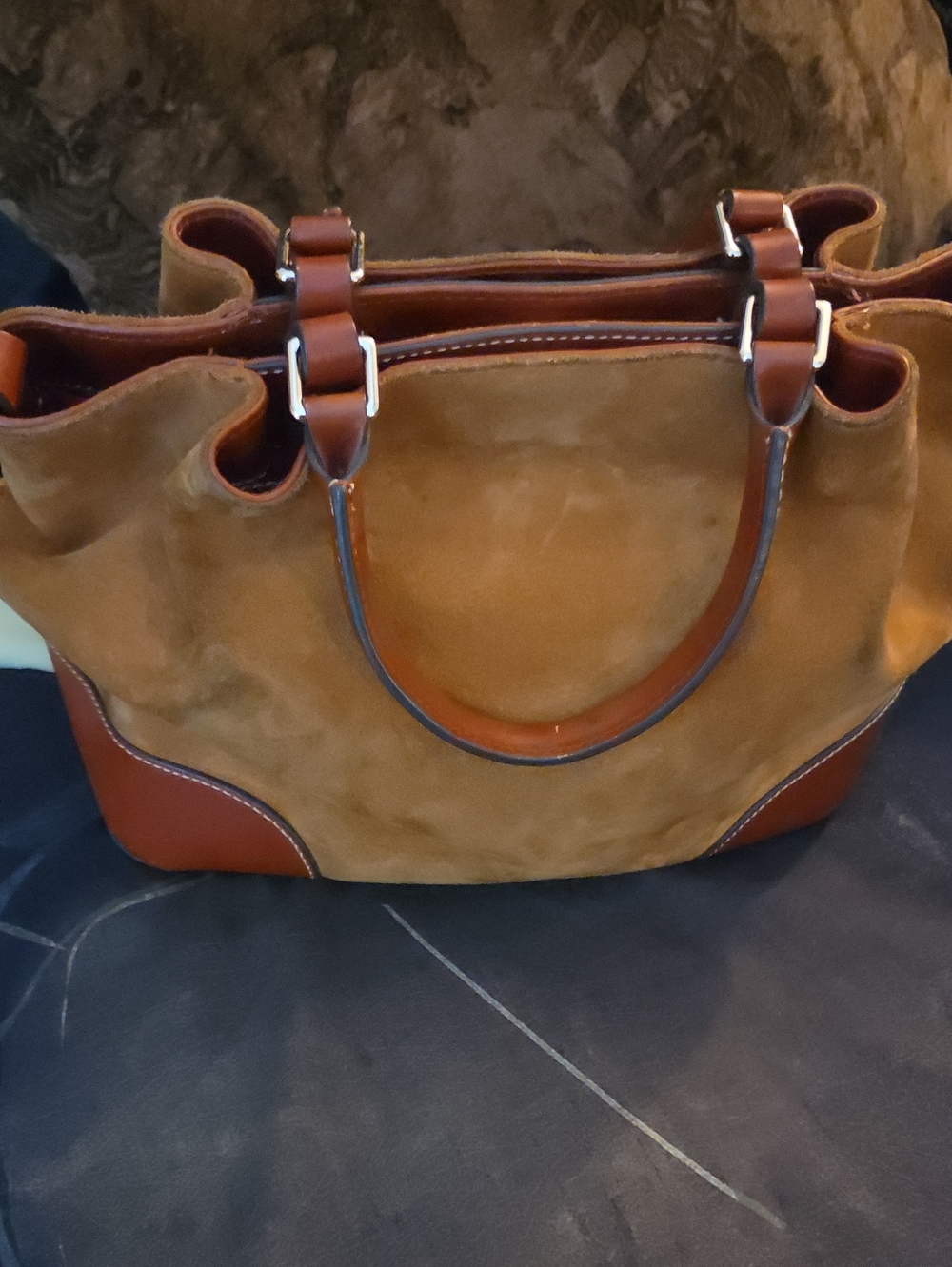 Dooney & Bourke Tan Suede Tote with Brown Leather Trim - Picture 2 of 8